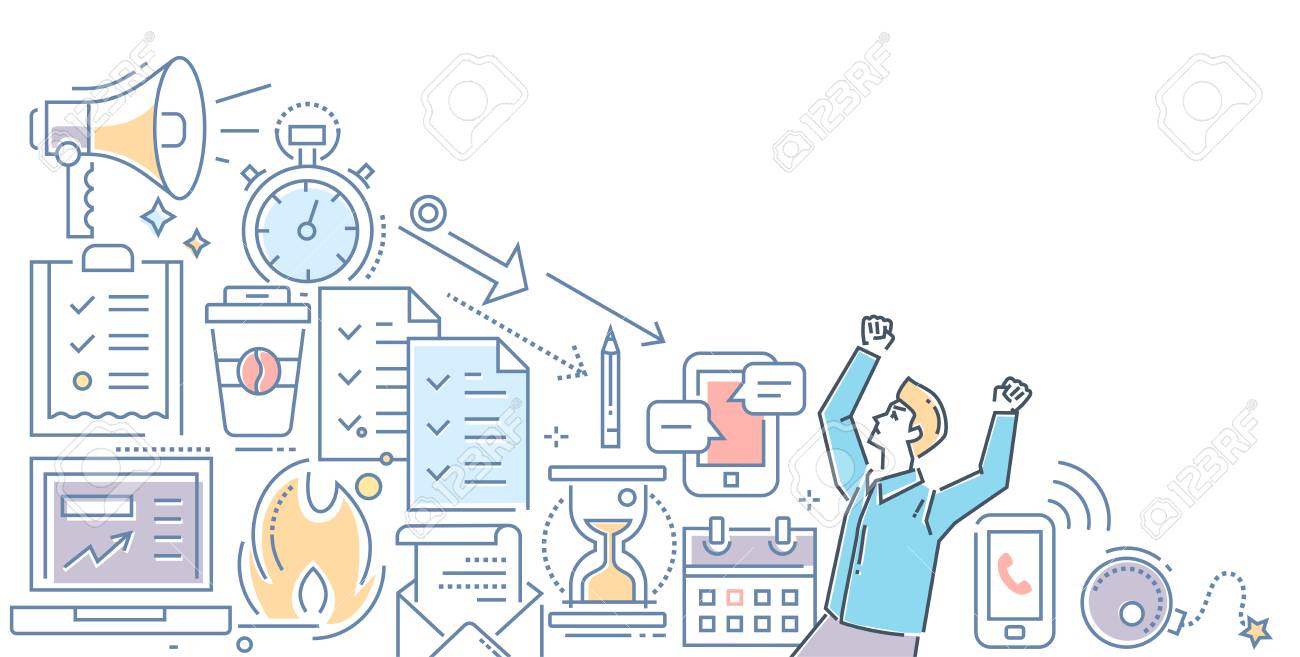 仕事でのストレス 白い背景に現代のカラーラインデザインスタイルのイラスト Web サイトのバナー ヘッダー 問題とタスクに囲まれた作業者のイメージのイラスト素材 ベクタ Image