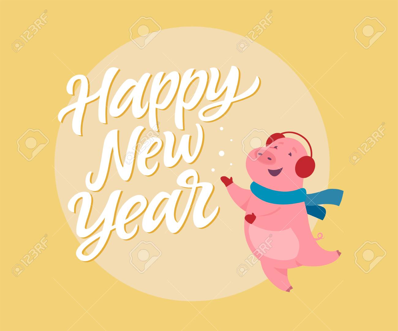 Happy New Year Modern Cartoon Character Illustration On Yellow