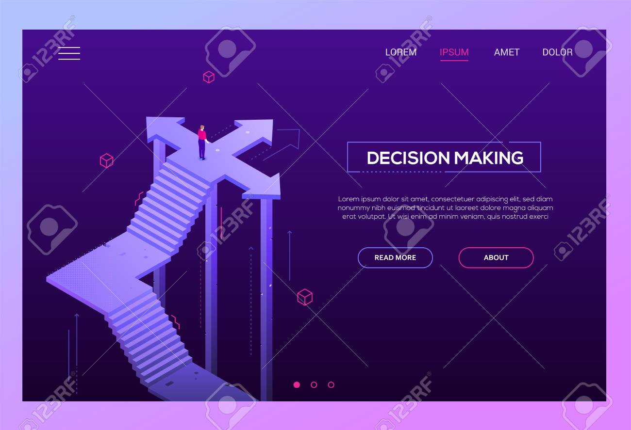 Decision making - modern isometric vector website header on purple background with copy space for your text. High quality banner with businessman standing on the crossroads, trying to make choice - 112995145 Decision making - modern isometric vector website header on purple background with copy space for your text. High quality banner with businessman standing on the crossroads, trying to make choice - 112995145