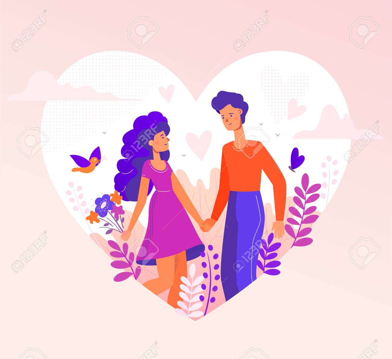 Romantic couple - modern flat design style illustration in a heart shape on pink background. A composition with male, female characters, boy and girl on a date, holding hands, images of birds, flowers - 125986609 Romantic couple - modern flat design style illustration in a heart shape on pink background. A composition with male, female characters, boy and girl on a date, holding hands, images of birds, flowers - 125986609