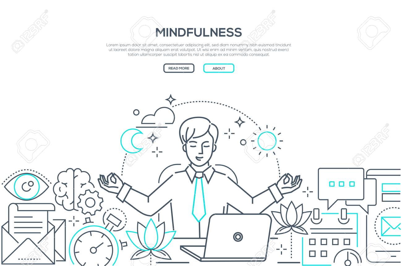 Mindfulness - modern line design style web banner on white background with copy space for text. A composition with a businessman meditating at work, sitting at the laptop, trying to release stress - 117384911 Mindfulness - modern line design style web banner on white background with copy space for text. A composition with a businessman meditating at work, sitting at the laptop, trying to release stress - 117384911