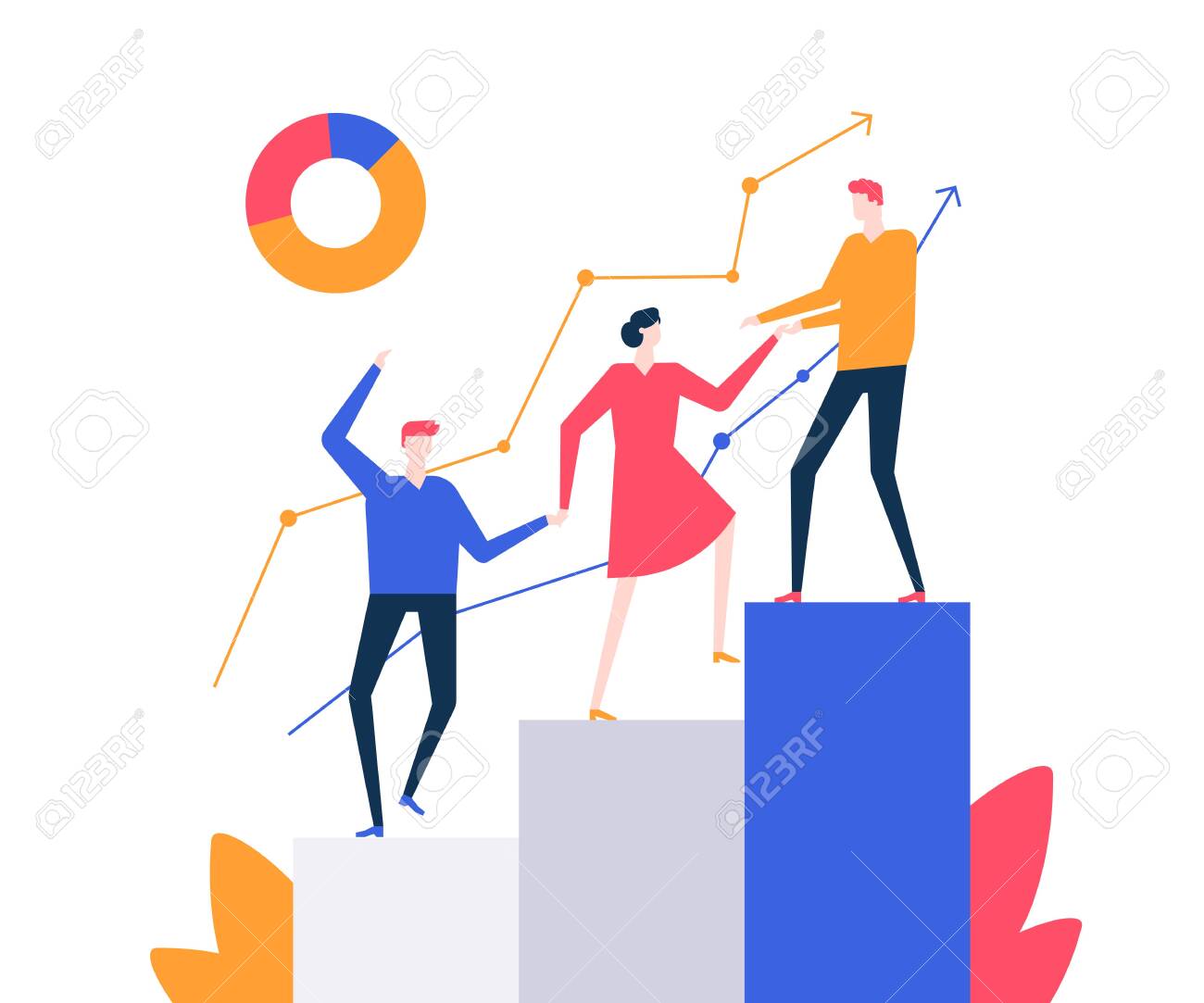 Motivation - colorful flat design style vector illustration on white background. Quality composition with a business team, male and female colleagues climbing a diagram sectors, helping each other - 124080276 Motivation - colorful flat design style vector illustration on white background. Quality composition with a business team, male and female colleagues climbing a diagram sectors, helping each other - 124080276