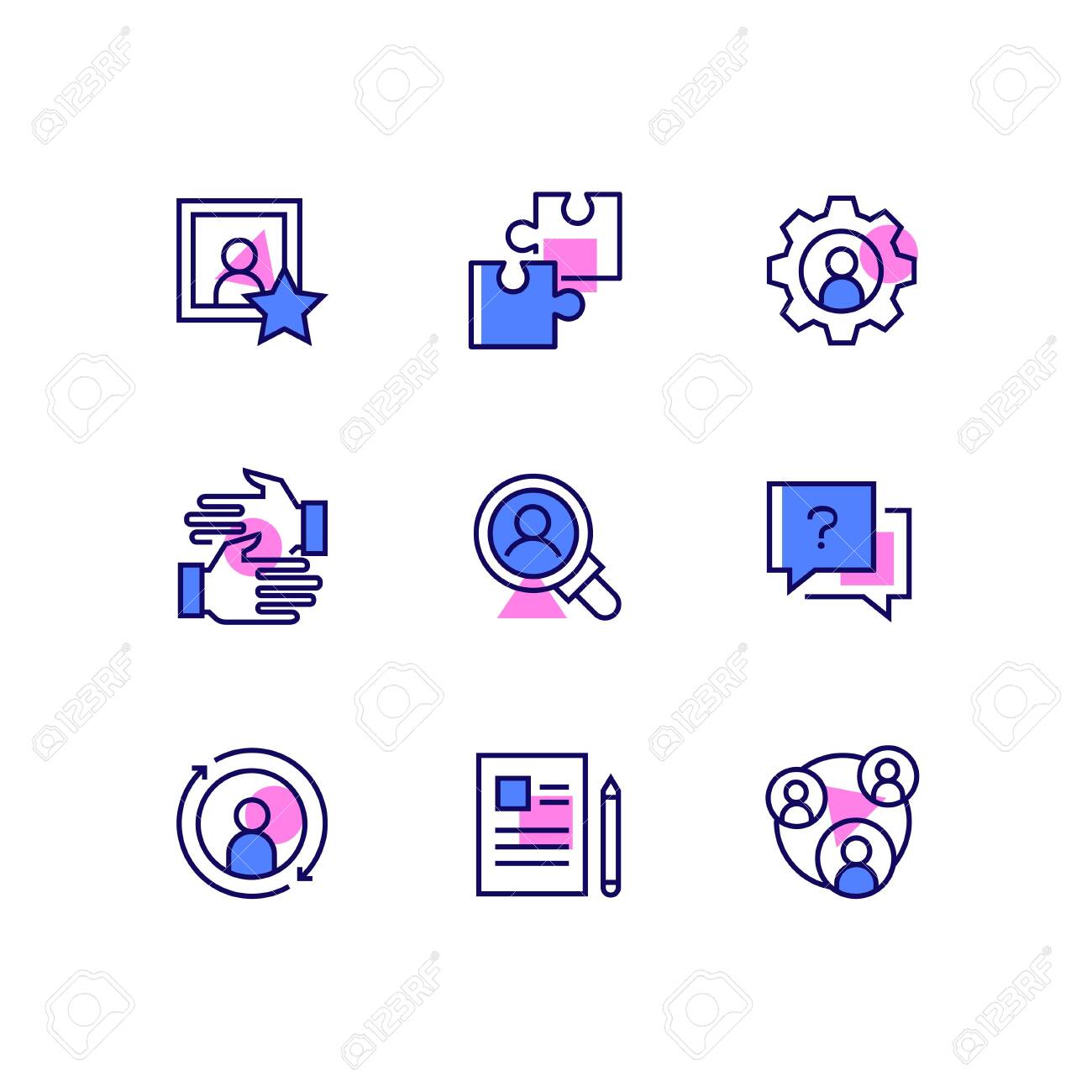 Business and management - line design style icons set. Images of puzzle pieces, gear, handshake, magnifying glass, question mark, refresh symbol, paper and pen, team. Human resources concept - 128175906 Business and management - line design style icons set. Images of puzzle pieces, gear, handshake, magnifying glass, question mark, refresh symbol, paper and pen, team. Human resources concept - 128175906