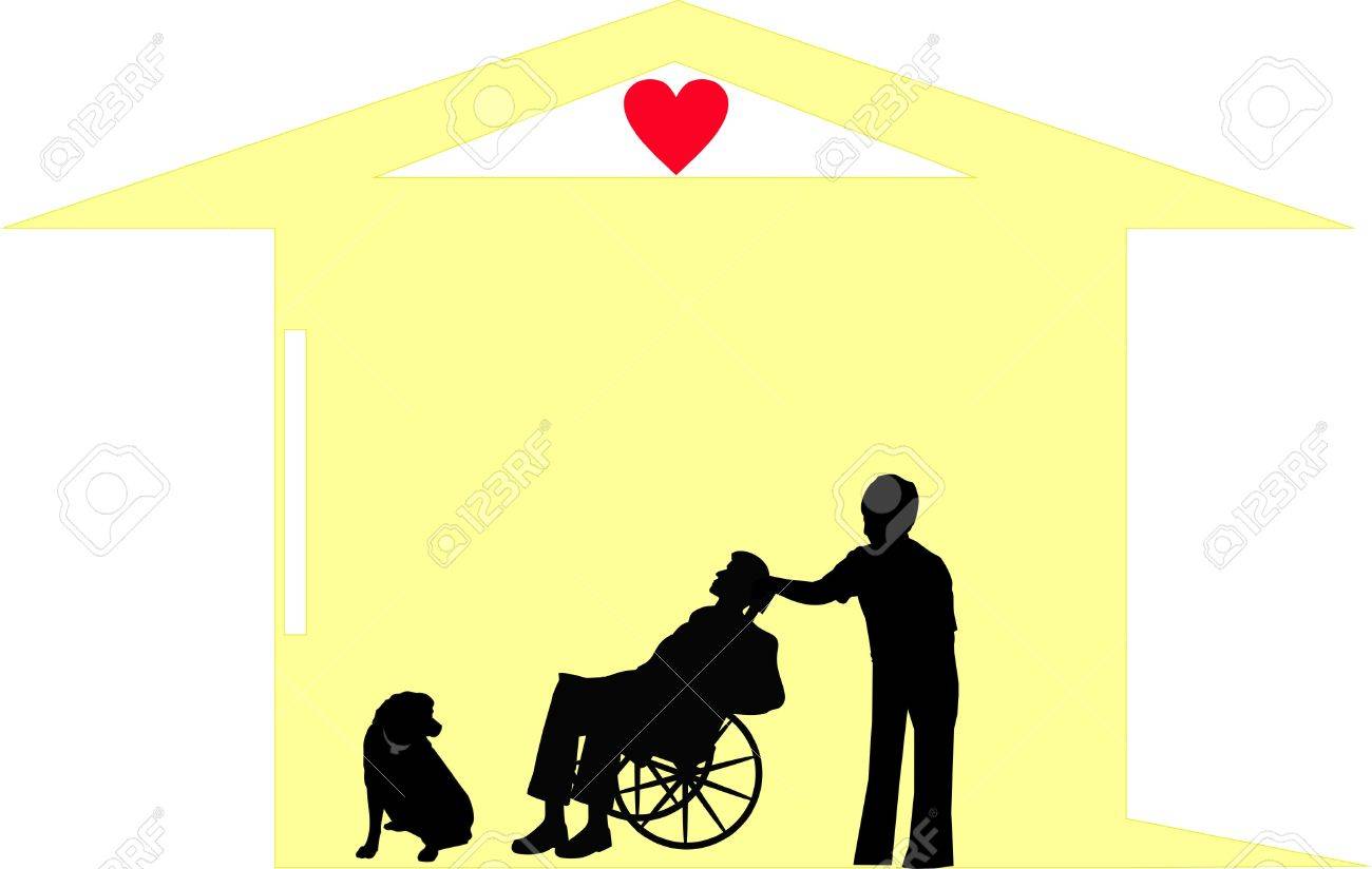 緩和ケアの寄贈者 この男と彼の犬は 彼らの家を助ける のイラスト素材 ベクタ Image