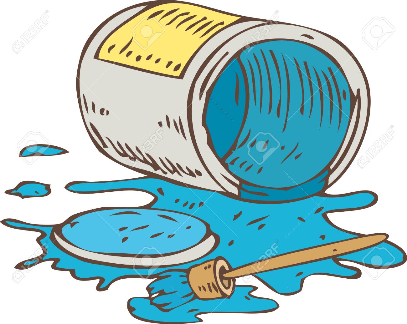 青い絵の具と絵筆を白で隔離のブリキ缶を横になっています のイラスト素材 ベクタ Image