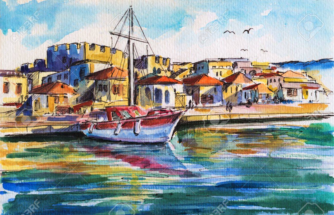 印象派風 水彩画 船の港の風景 印象派風 水彩画 船の港の風景