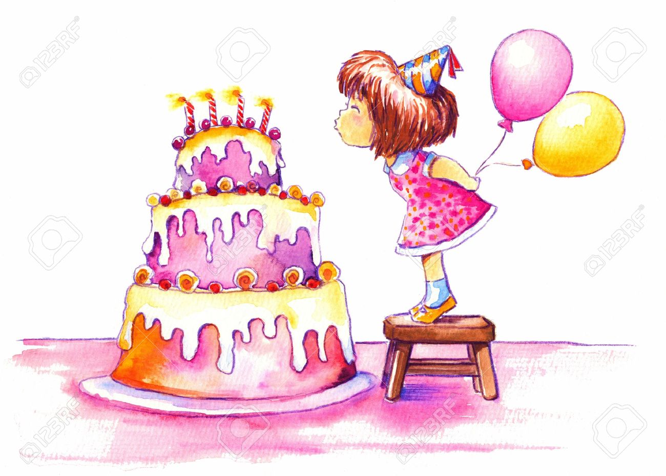 Cute Girl Souffler Les Bougies De Son Gateau D Anniversaire Photo Enorme Cree A L Aquarelle Banque D Images Et Photos Libres De Droits Image