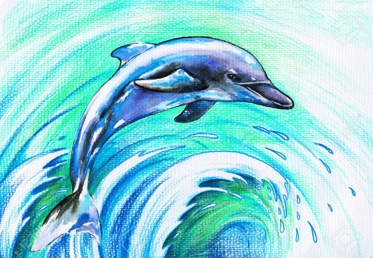 dolphin ハンドメイド・手芸 海とイルカの 色鉛筆 アート 風景画 海と