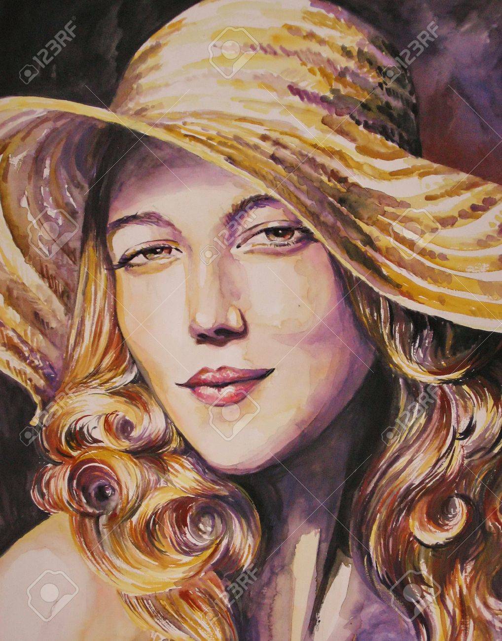 麦わら帽子の水彩画と美しい女性の肖像画 の写真素材 画像素材 Image