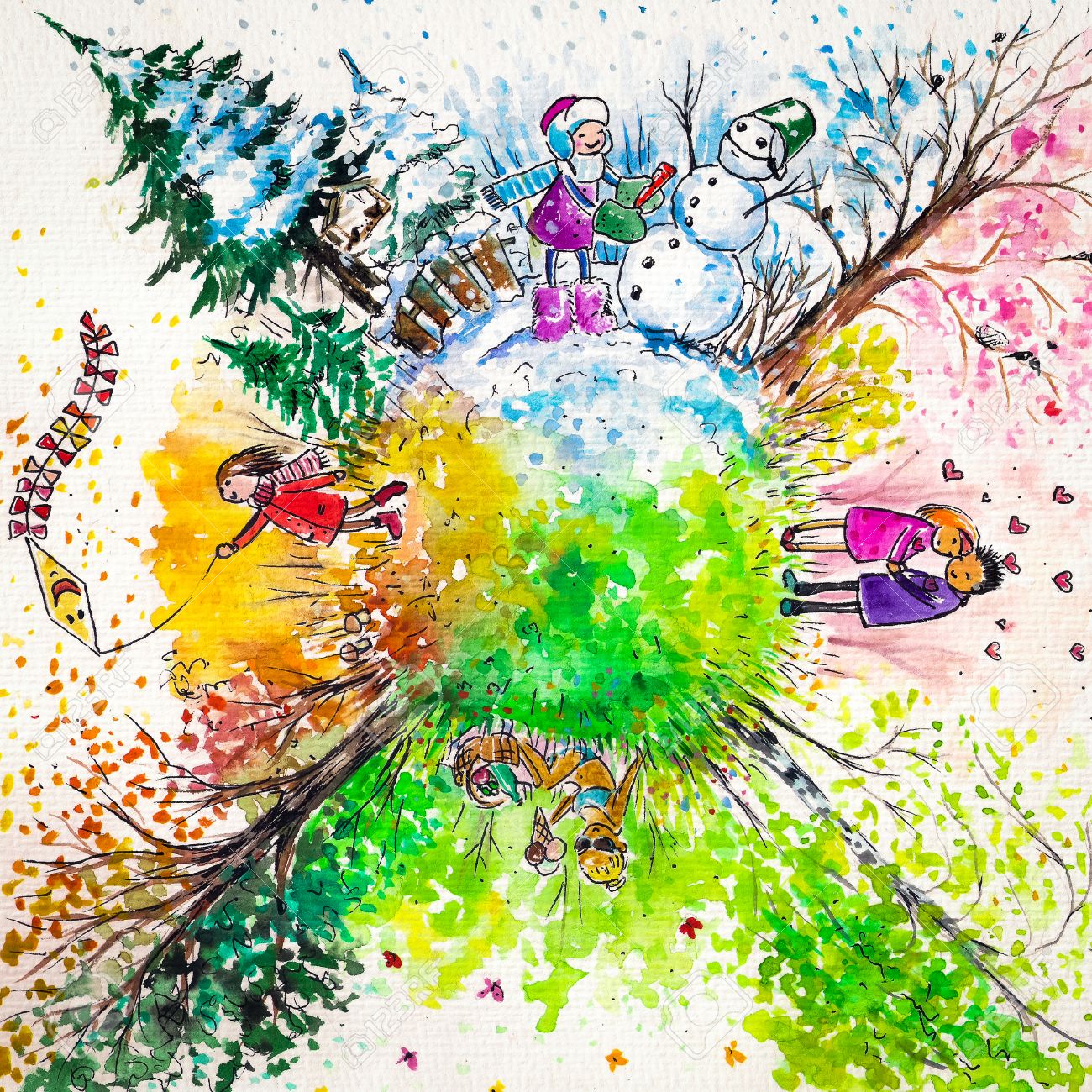 水彩絵の具で 今年の四季のイラスト画像の作成 の写真素材 画像素材 Image