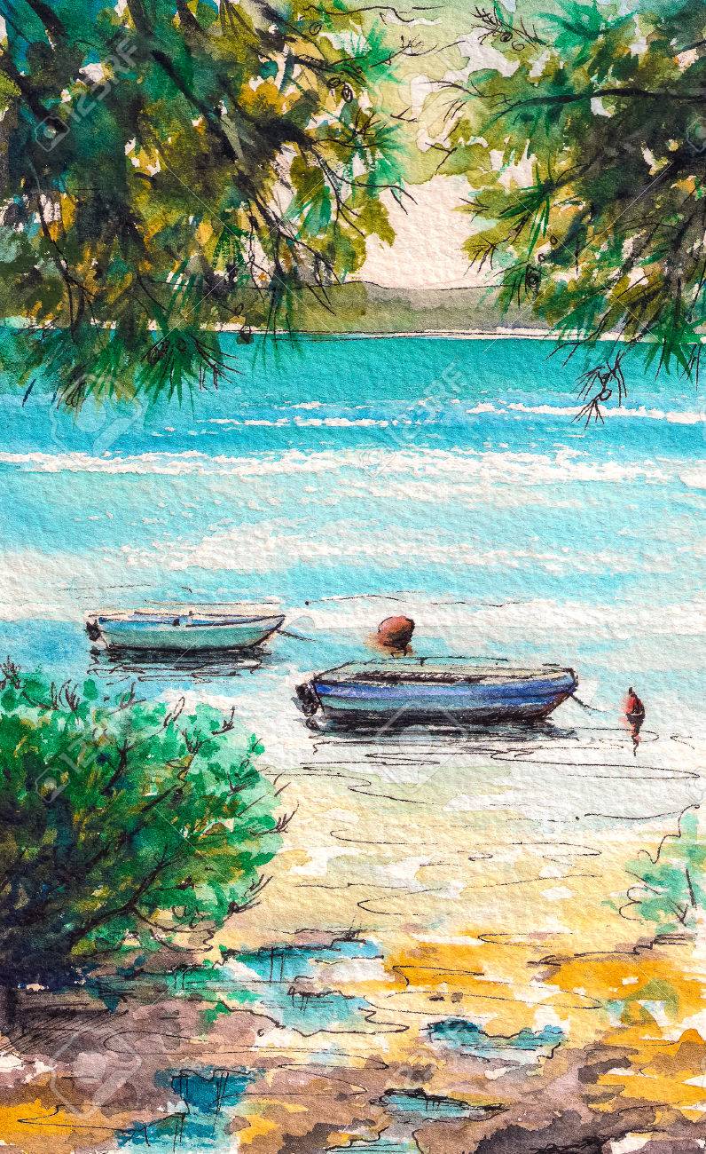 湾のボートの夏風景。画像水彩絵の具で作成しました。の写真素材・画像