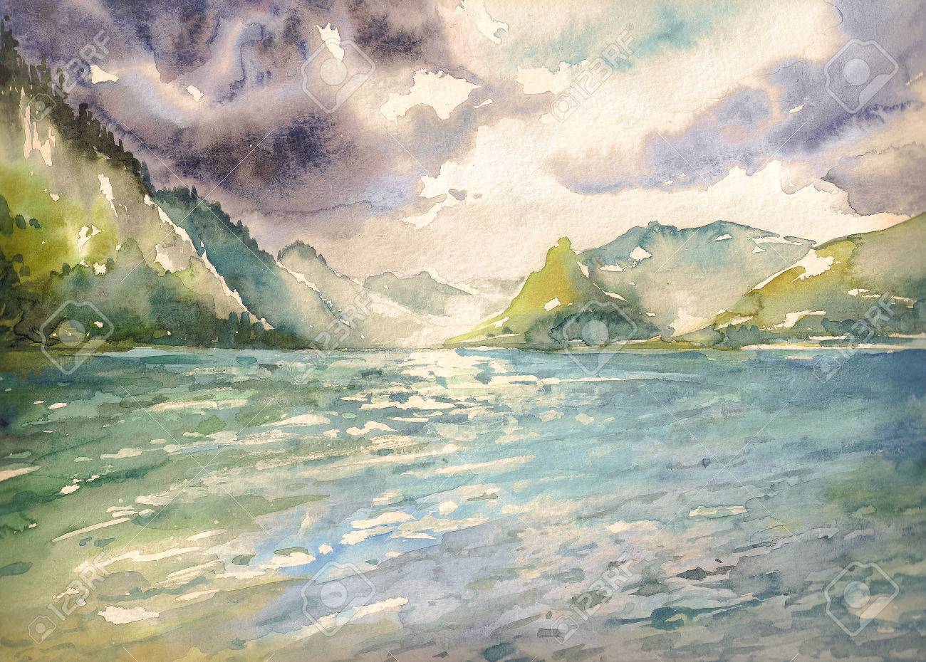 風景水彩画「山の湖の釣り」原画