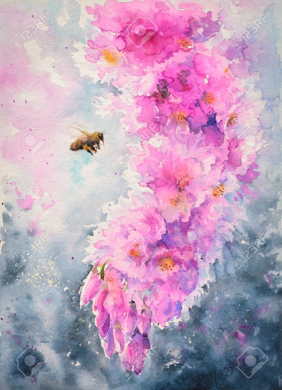 ピンクの桜の花に飛んでいる蜂 画像水彩絵の具で作成しました の写真素材 画像素材 Image