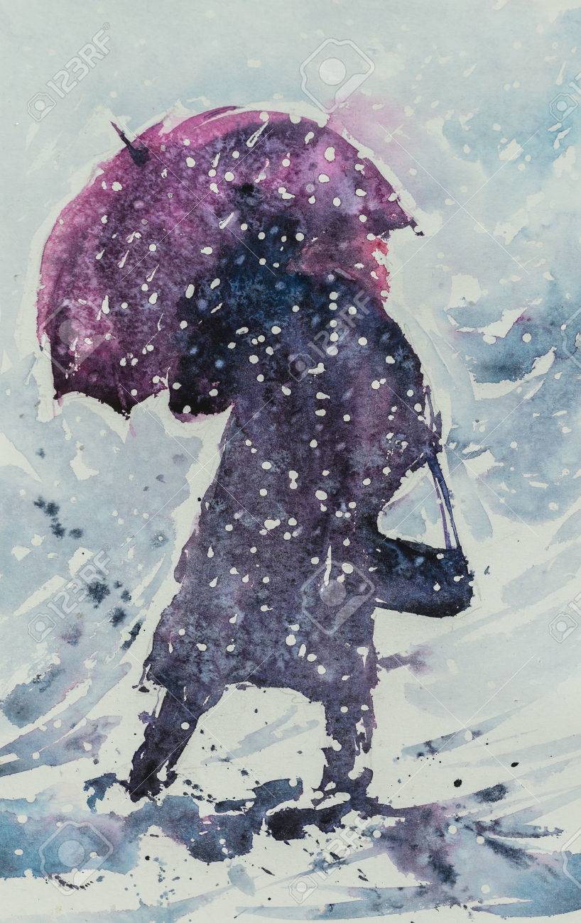 傘と雪嵐の中に深い雪の中行くのハンドバッグの女性 画像水彩絵の具で作成しました の写真素材 画像素材 Image