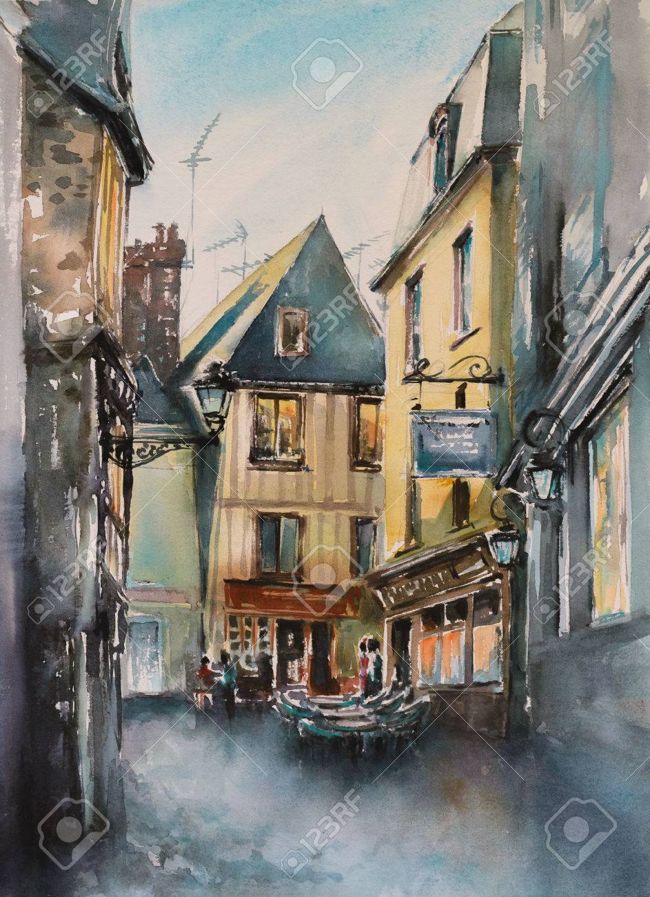 Pequena Y Estrecha Calle En La Antigua Ciudad De Le Mans Francia Imagen Creada Con Las Acuarelas Fotos Retratos Imagenes Y Fotografia De Archivo Libres De Derecho Image