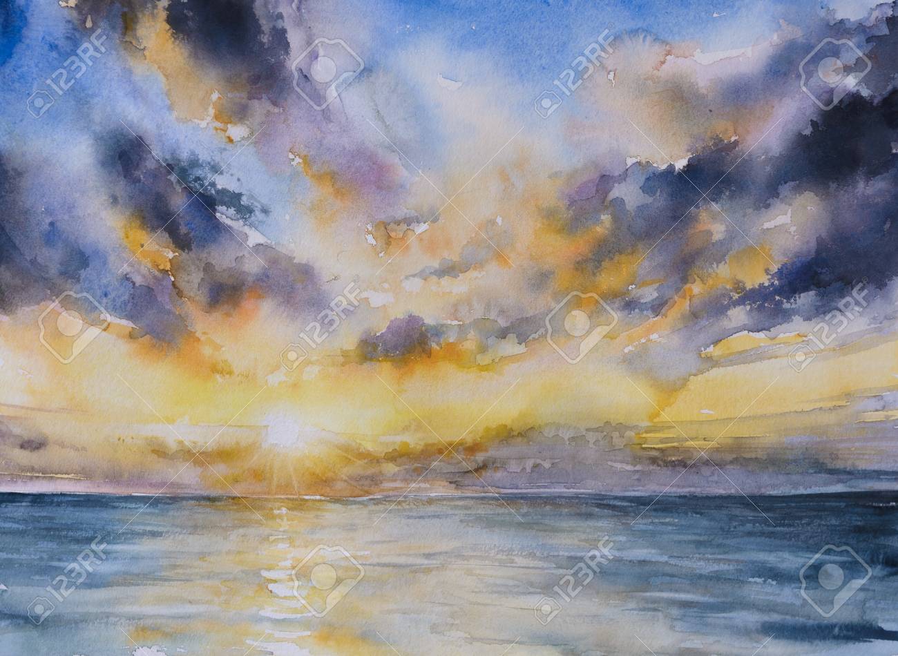 風景画 水彩画 夕日と海の絵