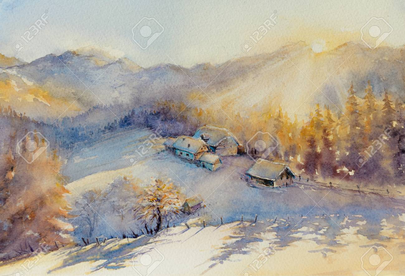 水彩画 夕焼け田舎の冬景色