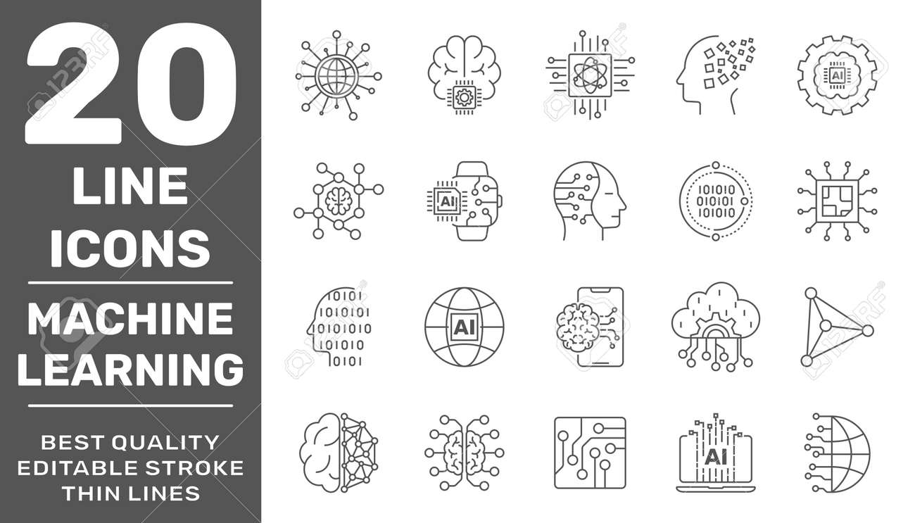 Simple set of artificial intelligence and machine learning related line icons contains such icons as droid, chip, brain, AI, IoT. Editable Stroke - 158286829 Simple set of artificial intelligence and machine learning related line icons contains such icons as droid, chip, brain, AI, IoT. Editable Stroke - 158286829