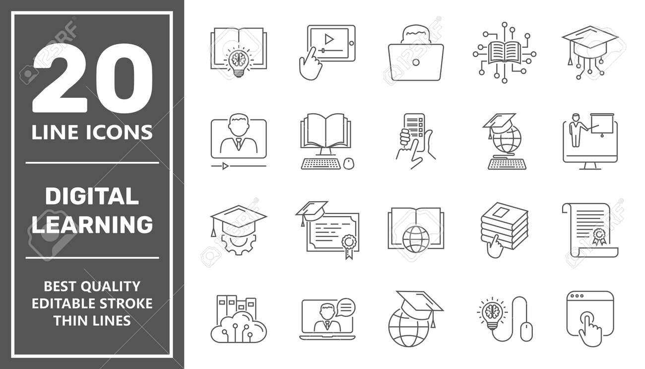 E-learning, online education elements - minimal thin line web icon set. Outline icons collection. Simple vector illustration. Editable Stroke. - 160134711 E-learning, online education elements - minimal thin line web icon set. Outline icons collection. Simple vector illustration. Editable Stroke. - 160134711
