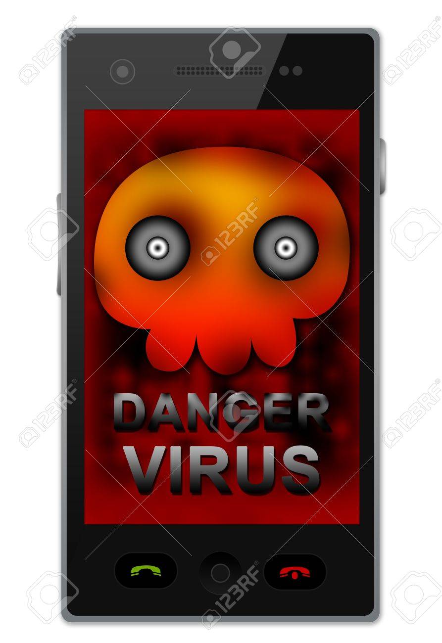 頭蓋骨とウイルス警告画面上のテキスト白い背景で隔離の携帯電話ウイルスの概念のための黒いスマート フォン の写真素材 画像素材 Image 1760