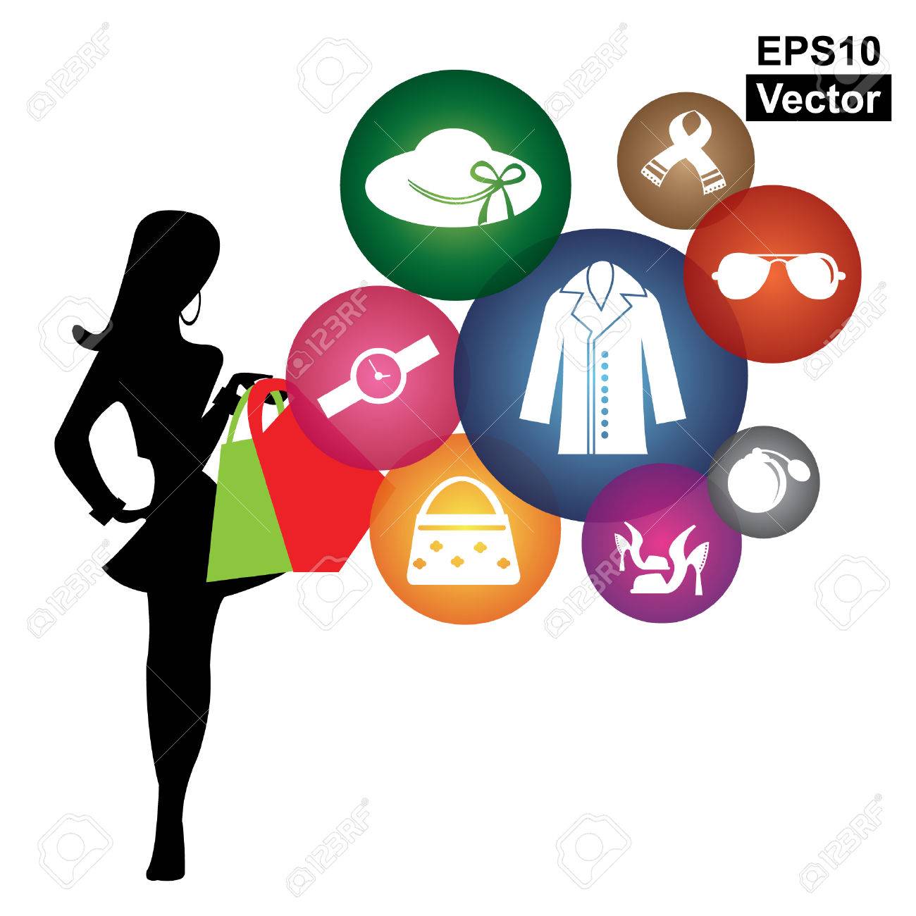 Vector : Fashion, Trends Or Lifestyle Business Concept Present By  Shopaholic Lady With Group Of Colorful Lady Fashion Icon Isolated On White  Background Royalty Free SVG, Cliparts, Vectors, and Stock Illustration.  Image 33767679.