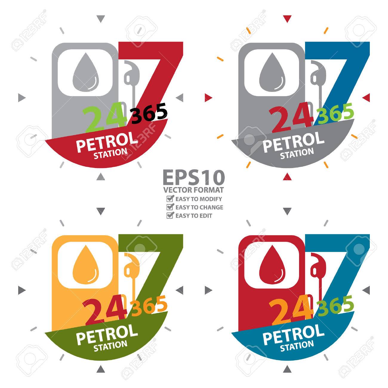 日 週 7 日 365 日年ガソリン駅ラベル 記号やアイコンは 白い背景で隔離のカラフルなガソリン スタンドや 24 時間ガソリン スタンド サインのイラスト素材 ベクタ Image