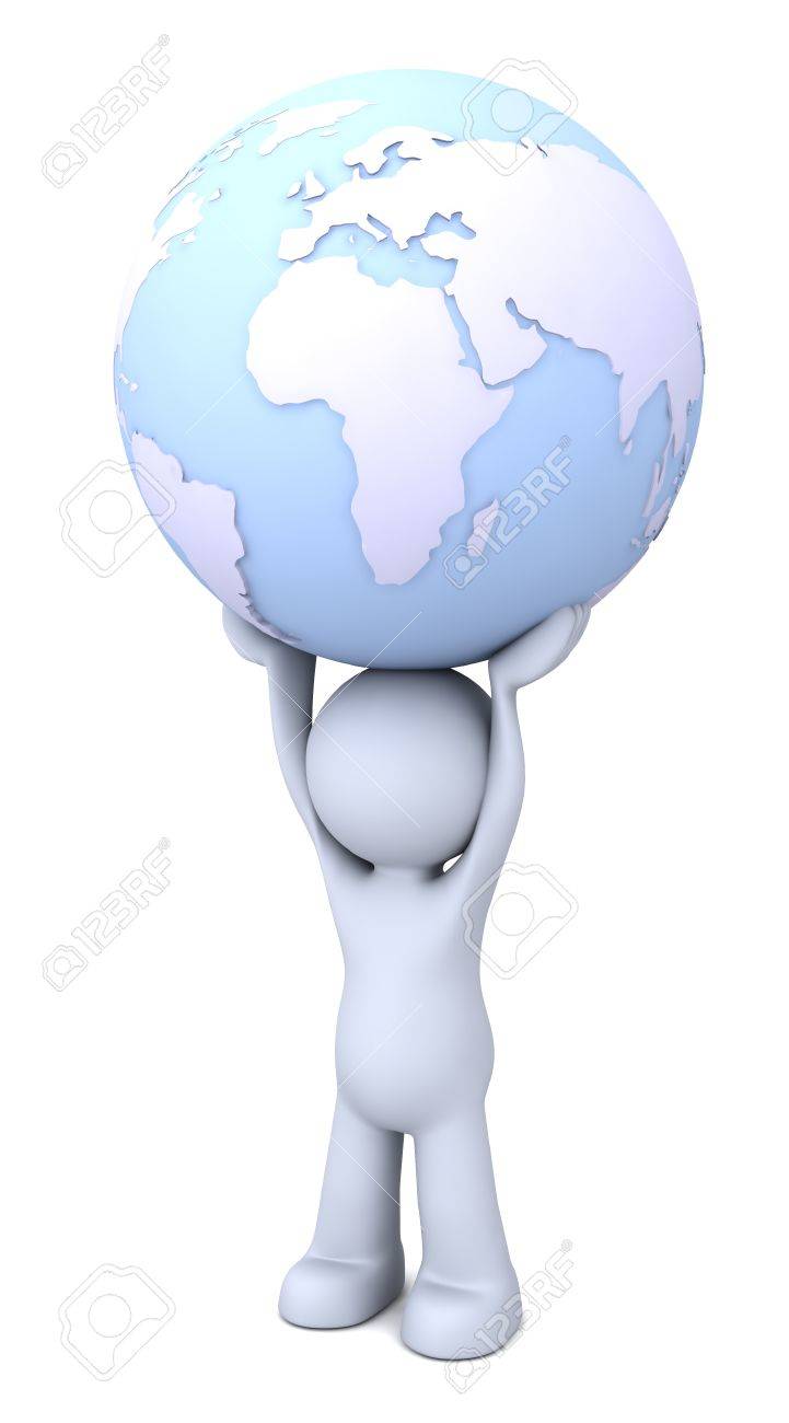 彼の頭の上地球 Hollding 3 D 人間キャラクター の写真素材 画像素材 Image