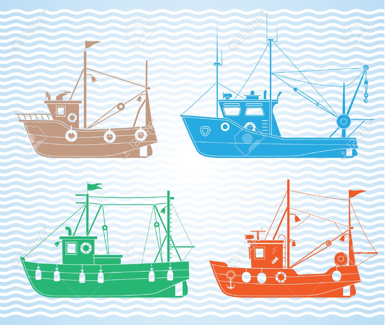 set of different types of fishing boats royalty free cliparts