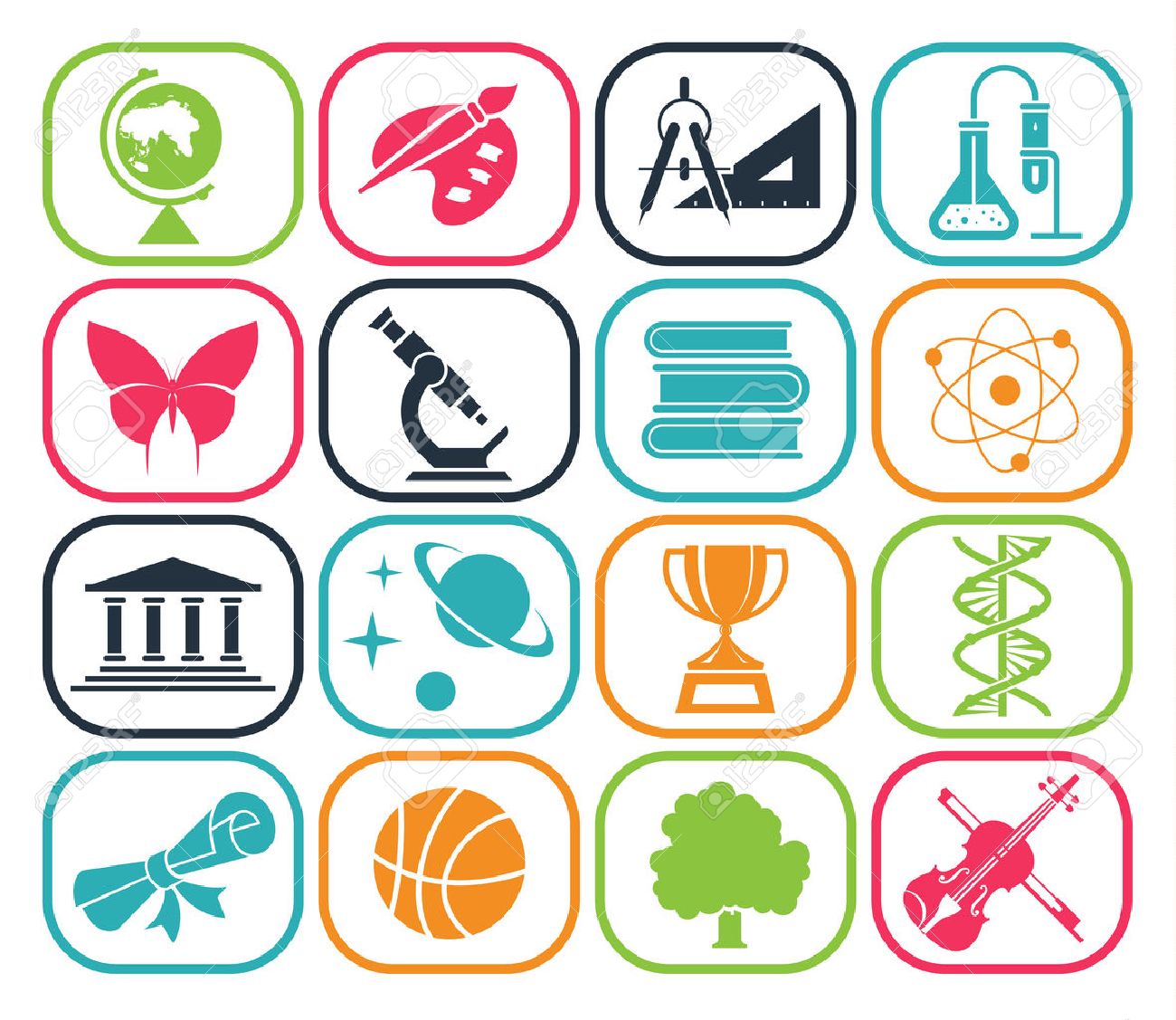 Collection of icons presenting different school subjects, science, art, history, geography, chemistry, maths, music, sports. Vector illustration. - 44249050 Collection of icons presenting different school subjects, science, art, history, geography, chemistry, maths, music, sports. Vector illustration. - 44249050