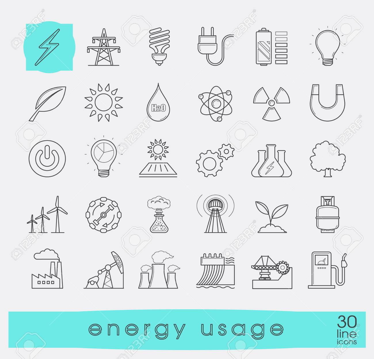 Set of line energy icons. Various energy sources. Various kinds of energies for use in industry and everyday life. Solar energy, bio alternative, fuel, electricity, nuclear, wind power, gas. Vector illustration. - 58584046 Set of line energy icons. Various energy sources. Various kinds of energies for use in industry and everyday life. Solar energy, bio alternative, fuel, electricity, nuclear, wind power, gas. Vector illustration. - 58584046