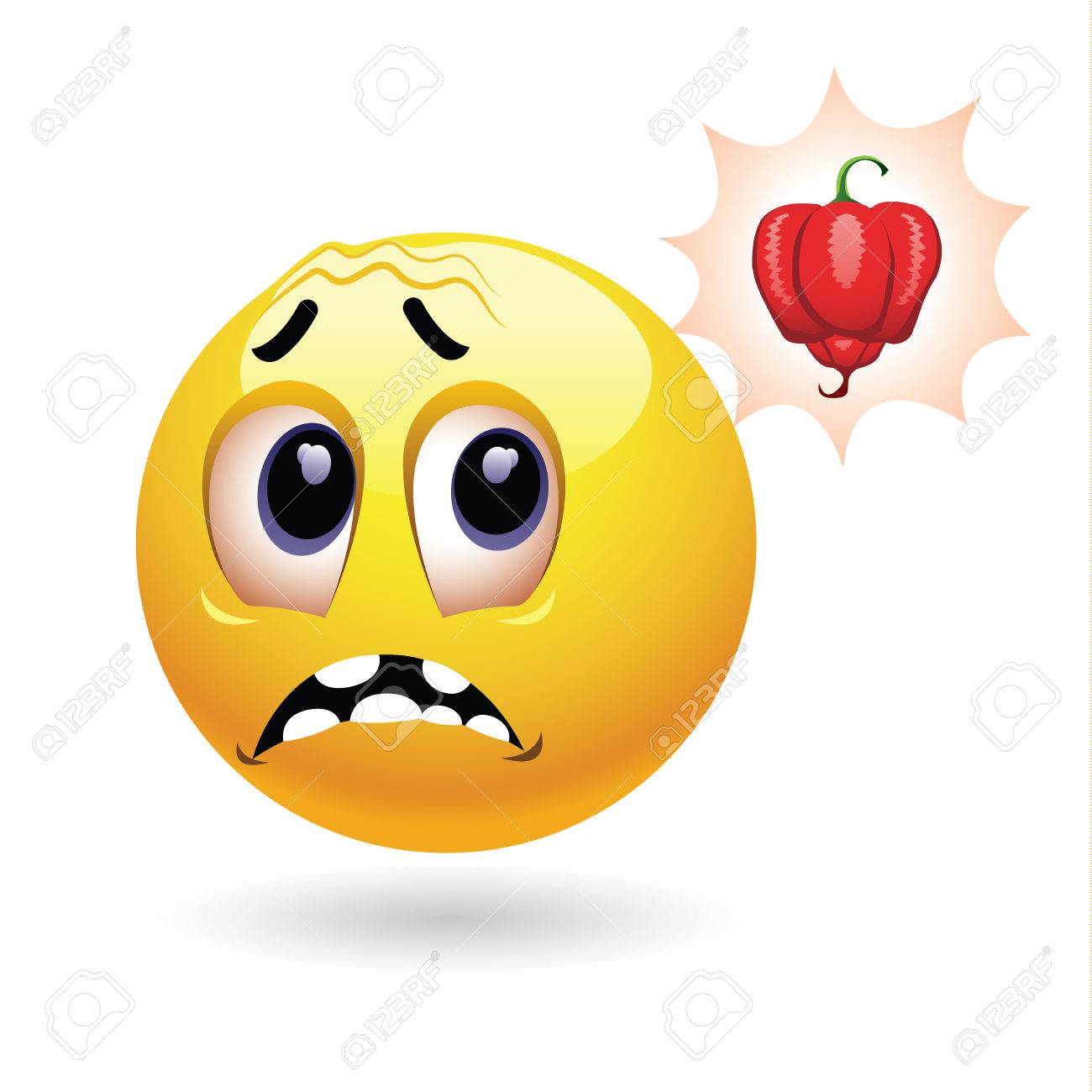 痛みを引き起こす非常に唐辛子とそれを食べる人笑顔恐怖 唐辛子の挑戦 体液はベクトル イラストです のイラスト素材 ベクタ Image