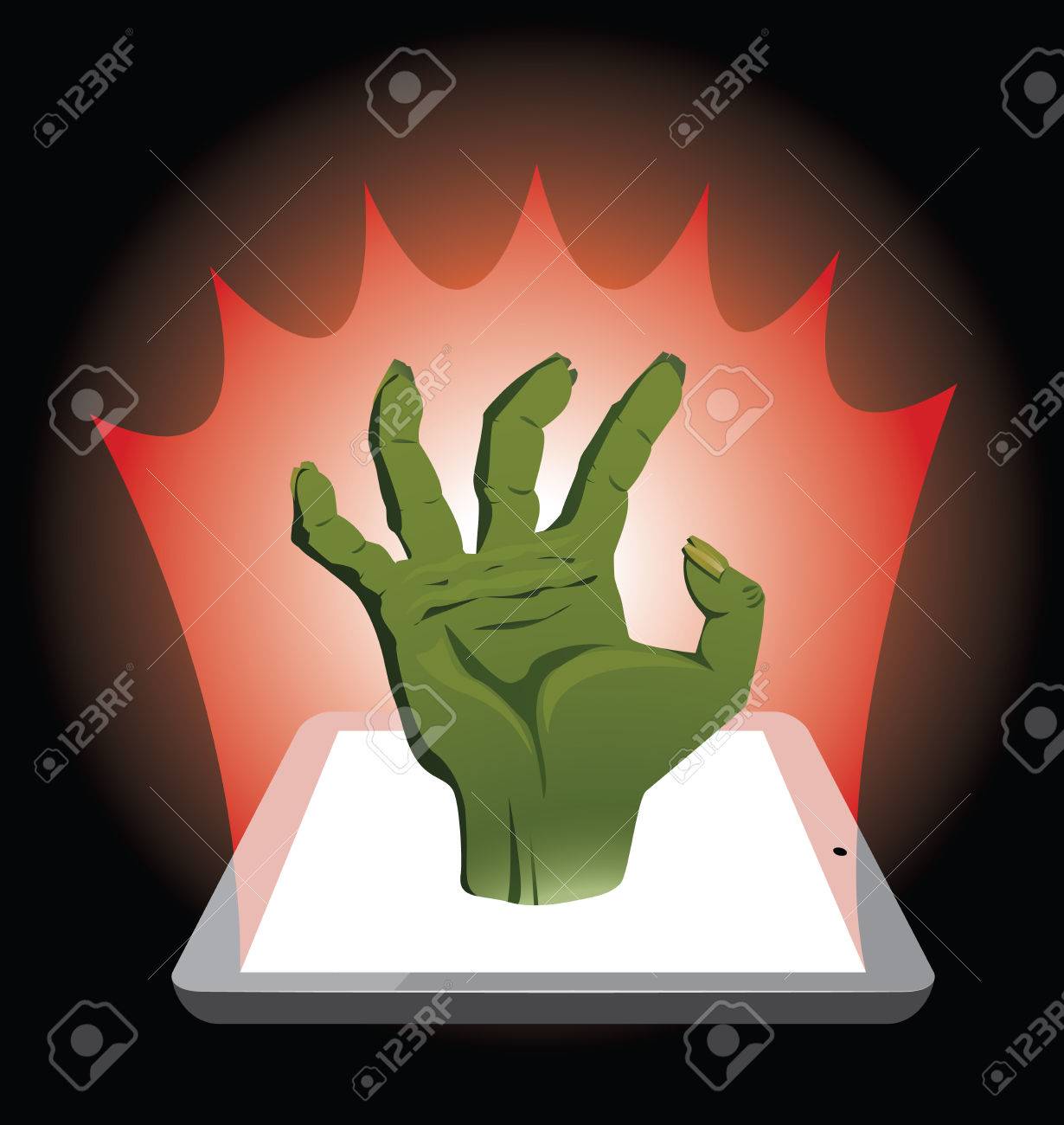 ホラー映画を見ています ゾンビの手がタブレットから出てくる のイラスト素材 ベクタ Image