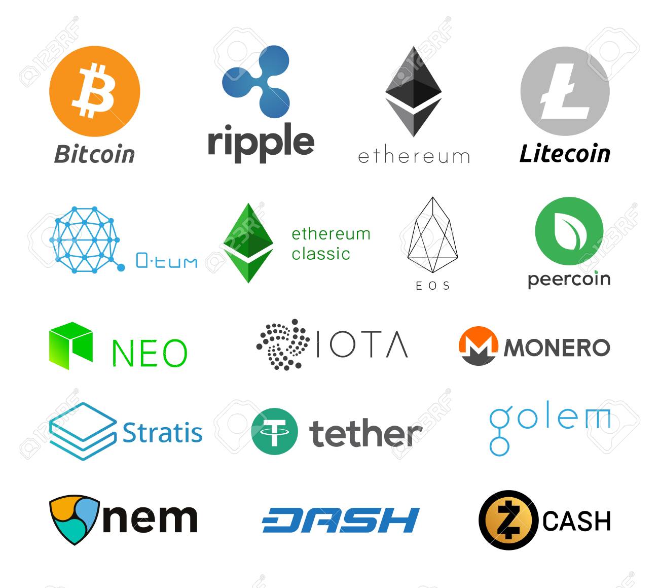 Cripto 통화 로고 동전. Cryptocurrency Icon Collection-Bitcoin, Litecoin, Dash,  Monero, Zcash, Ripple, IOTA, NEM, Stratis, NEO, Ethereum Classic, Ethereum,  Golem, Peercoin, Otum, Eos, 테더. 로열티 무료 사진, 그림, 이미지 그리고 스톡포토그래피. Image