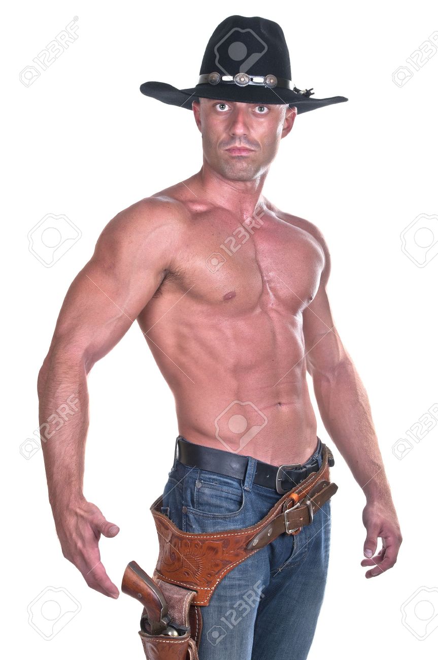 muscular cowboy with gun on white background stock photo picture