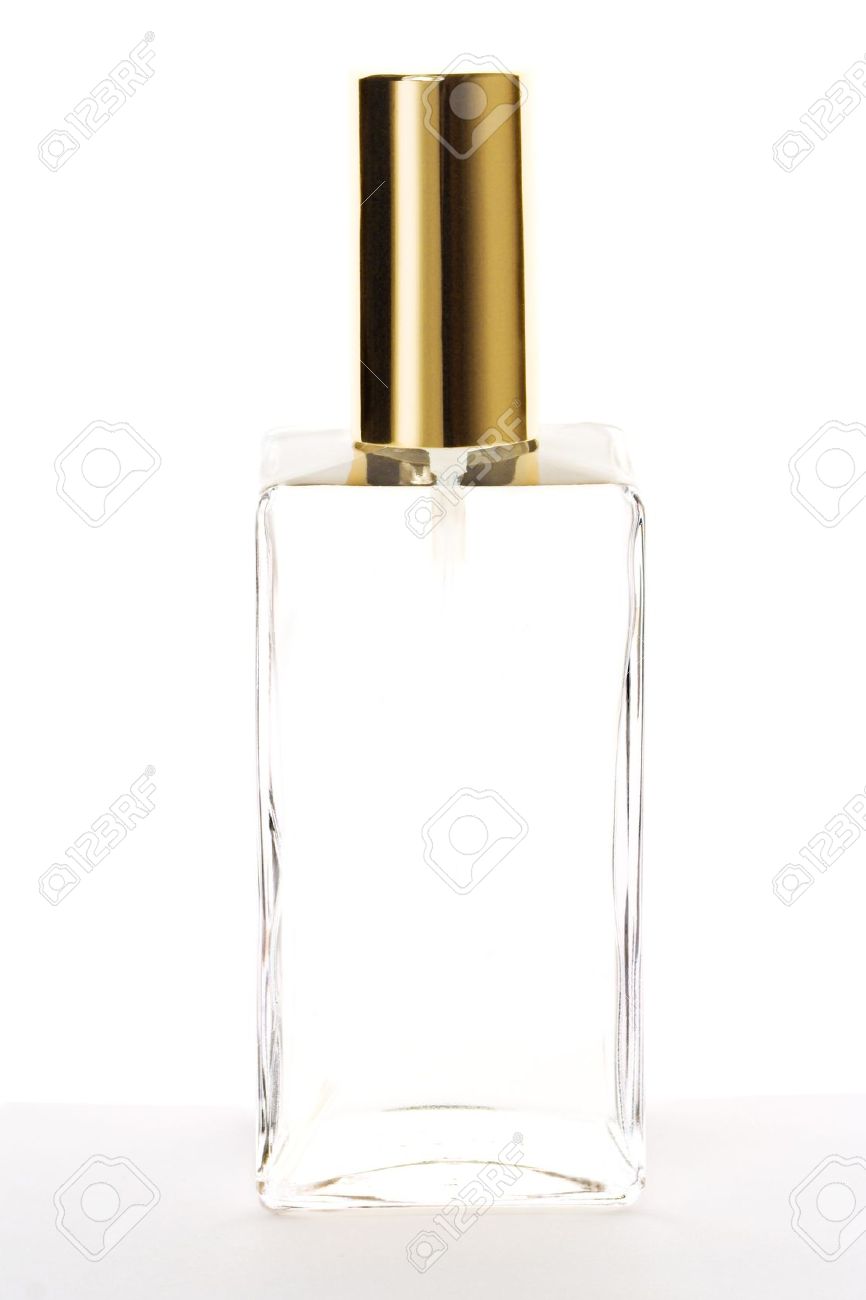 空の香水瓶ゴールデン キャップ白で隔離されます の写真素材 画像素材 Image