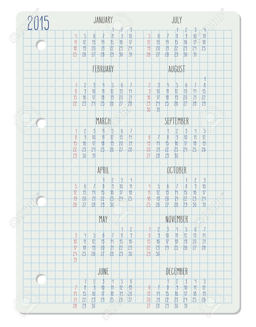 Hand Written Calendar Of Year 15 Over White School Paper Sheet Royalty Free Cliparts Vectors And Stock Illustration Image