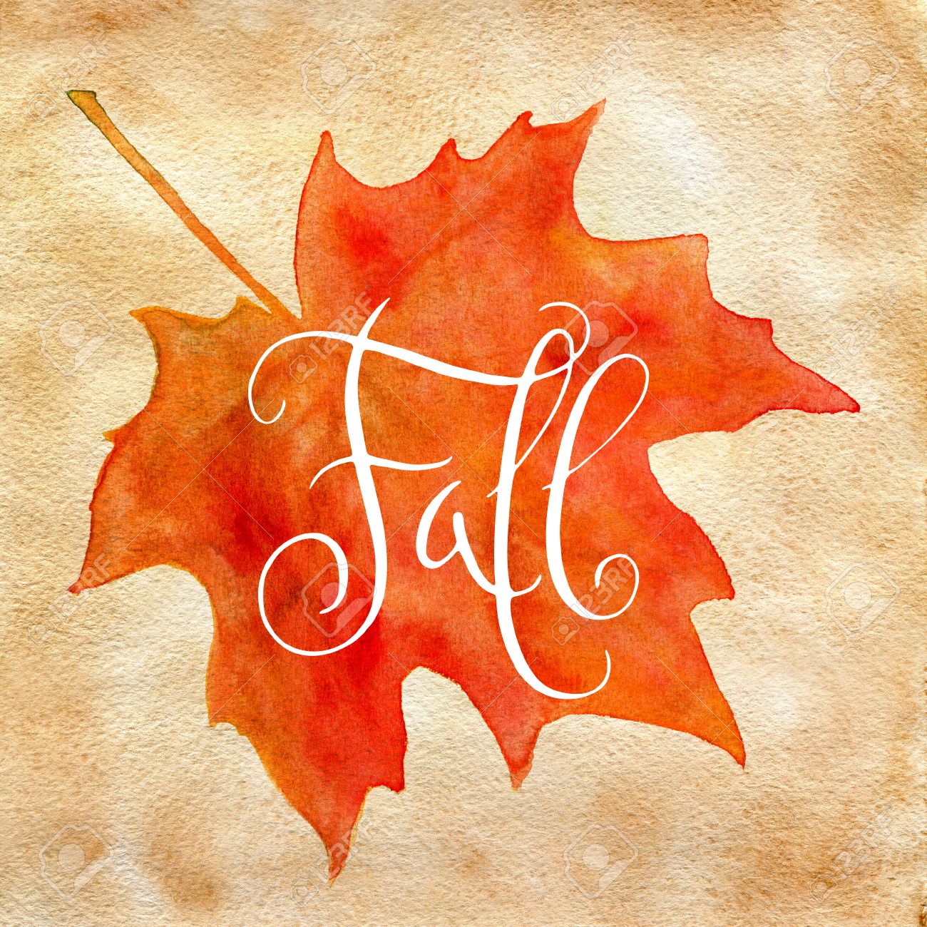orange watercolor autumn maple leaf and handwritten word fall