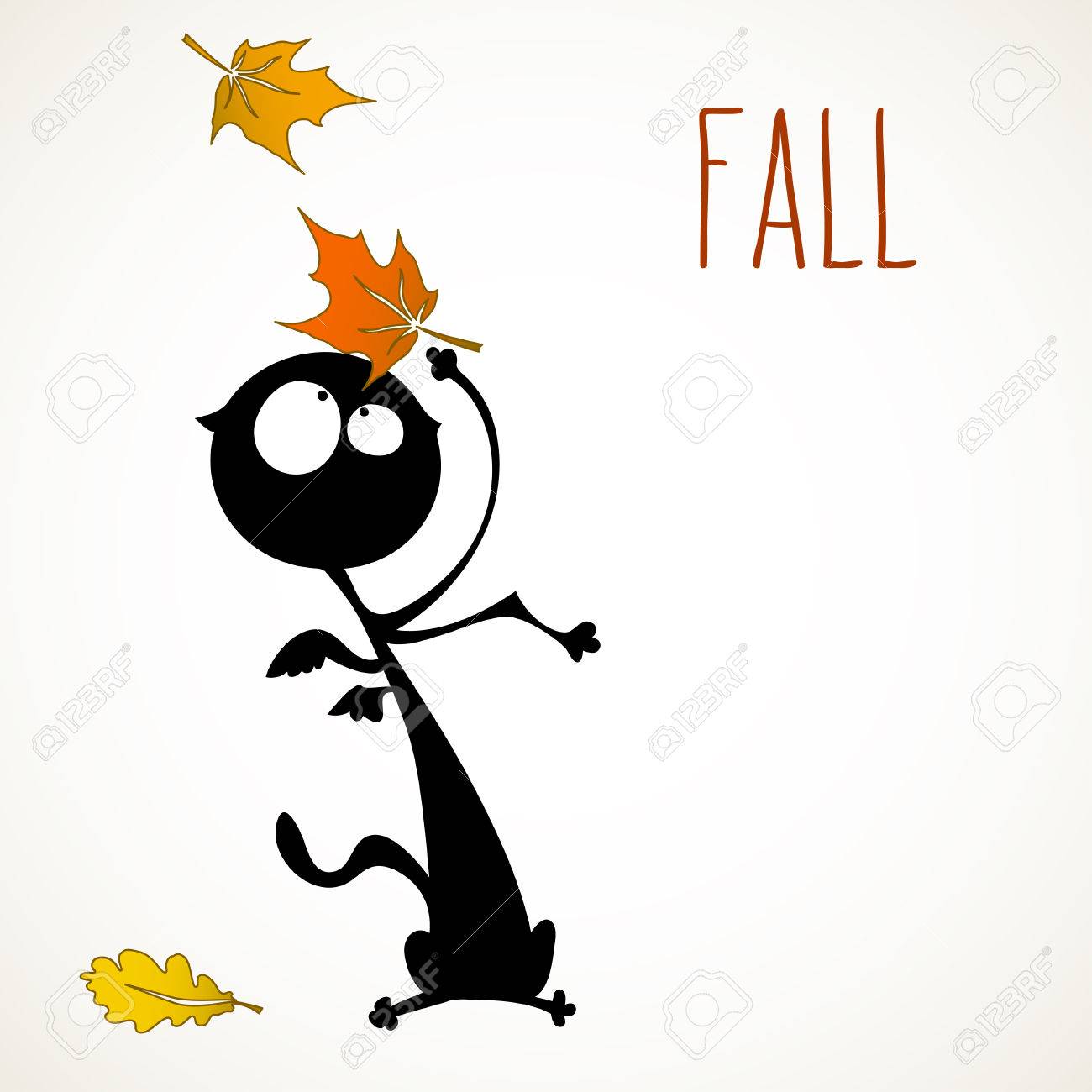 Drole Chat Noir Surpris Par La Chute Des Feuilles En Automne Salle Pour Votre Texte Clip Art Libres De Droits Vecteurs Et Illustration Image