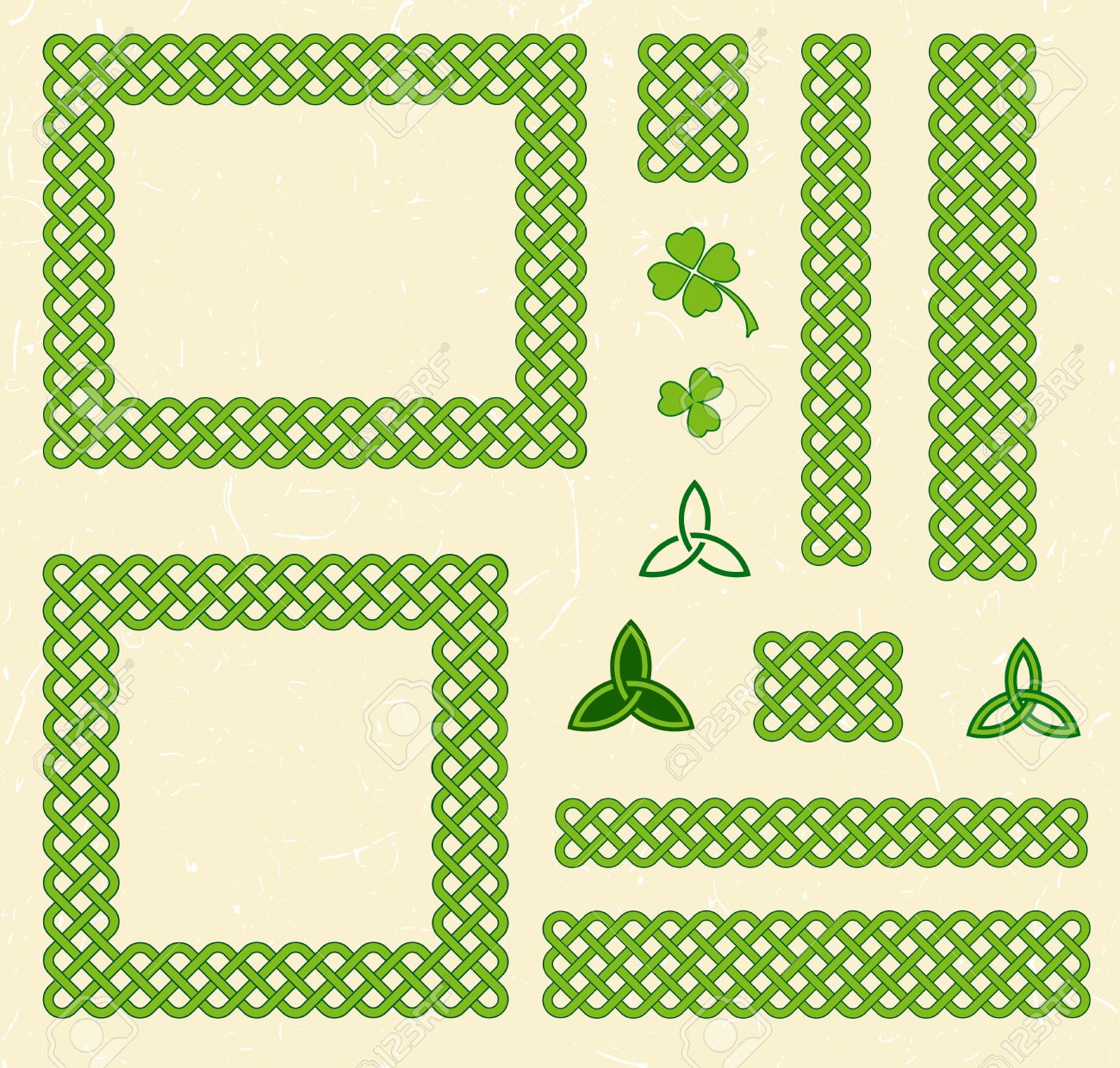 伝統的な緑ケルト スタイルは 織り目加工のヴィンテージ背景上結び目のフレーム ボーダーおよび要素を編組 のイラスト素材 ベクタ Image