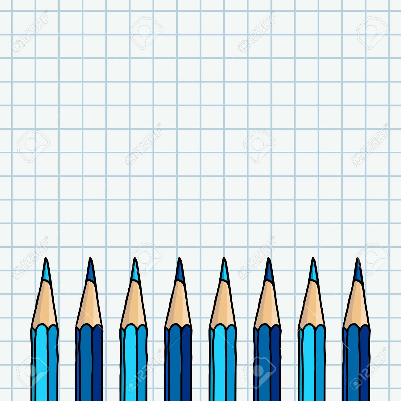 blue pencils border over squared notebook page stationery hand drawn vector doodle illustration blank frame page stationery