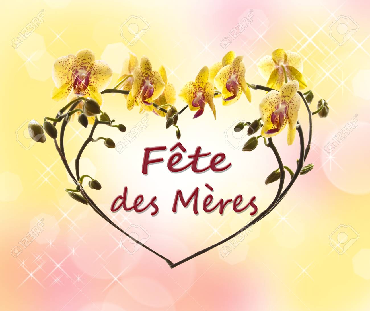 Bonne Fete Des Meres Ecrit En Francais Dans Le C Ur En Fleur D Orchidee Tiges Floue Jaune Bokeh Banque D Images Et Photos Libres De Droits Image