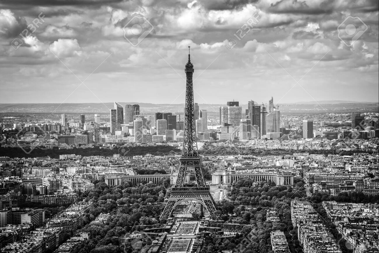 Aerial scenic view of Paris with the Eiffel tower and la Defense business district skyline, black and white - 134960357 Aerial scenic view of Paris with the Eiffel tower and la Defense business district skyline, black and white - 134960357