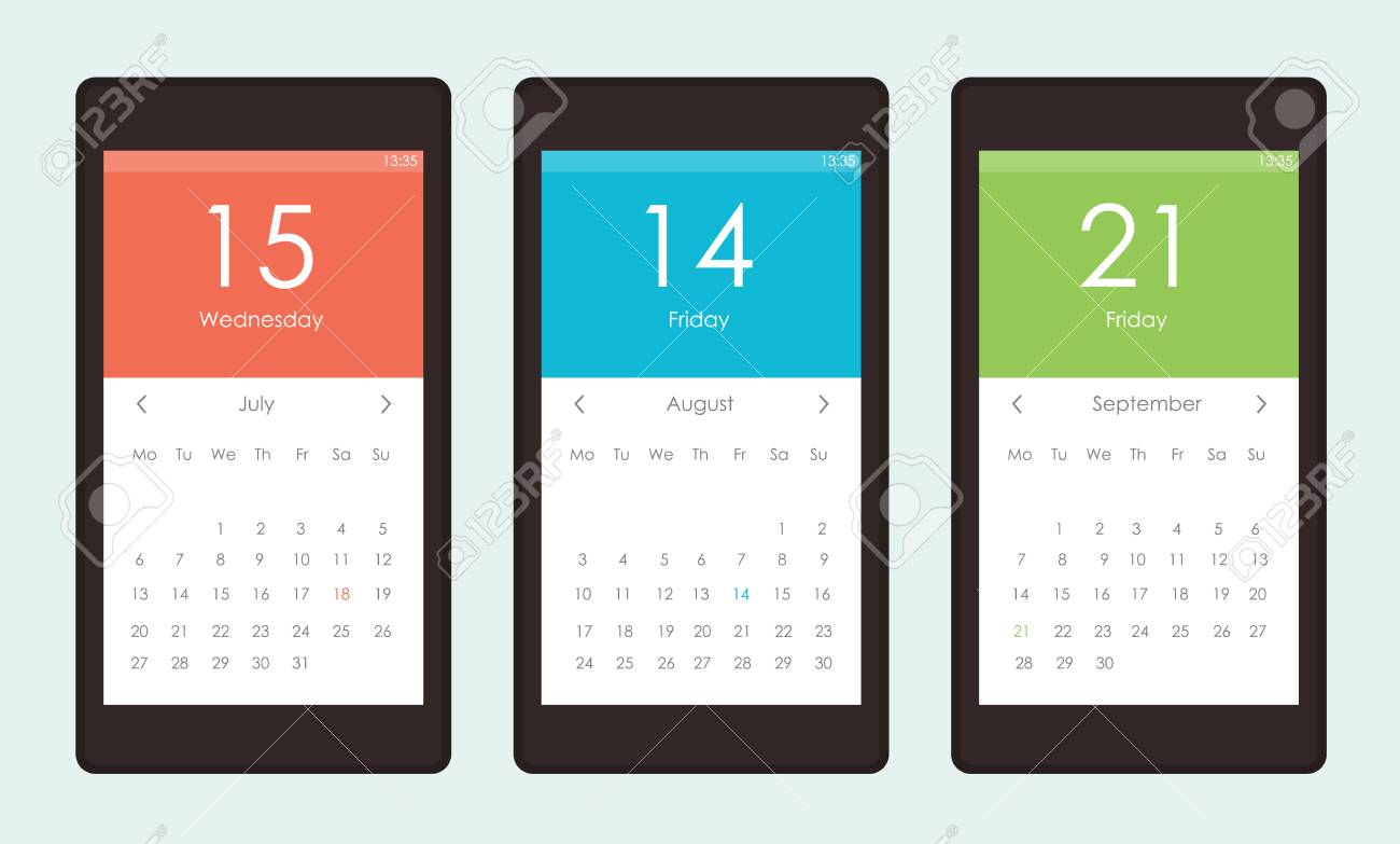 모바일 앱 및 웹을위한 캘린더 위젯 UI의 벡터 세트. 벡터 일러스트 레이션 로열티 무료 사진, 그림, 이미지 그리고 스톡포토그래피.  Image 92928975