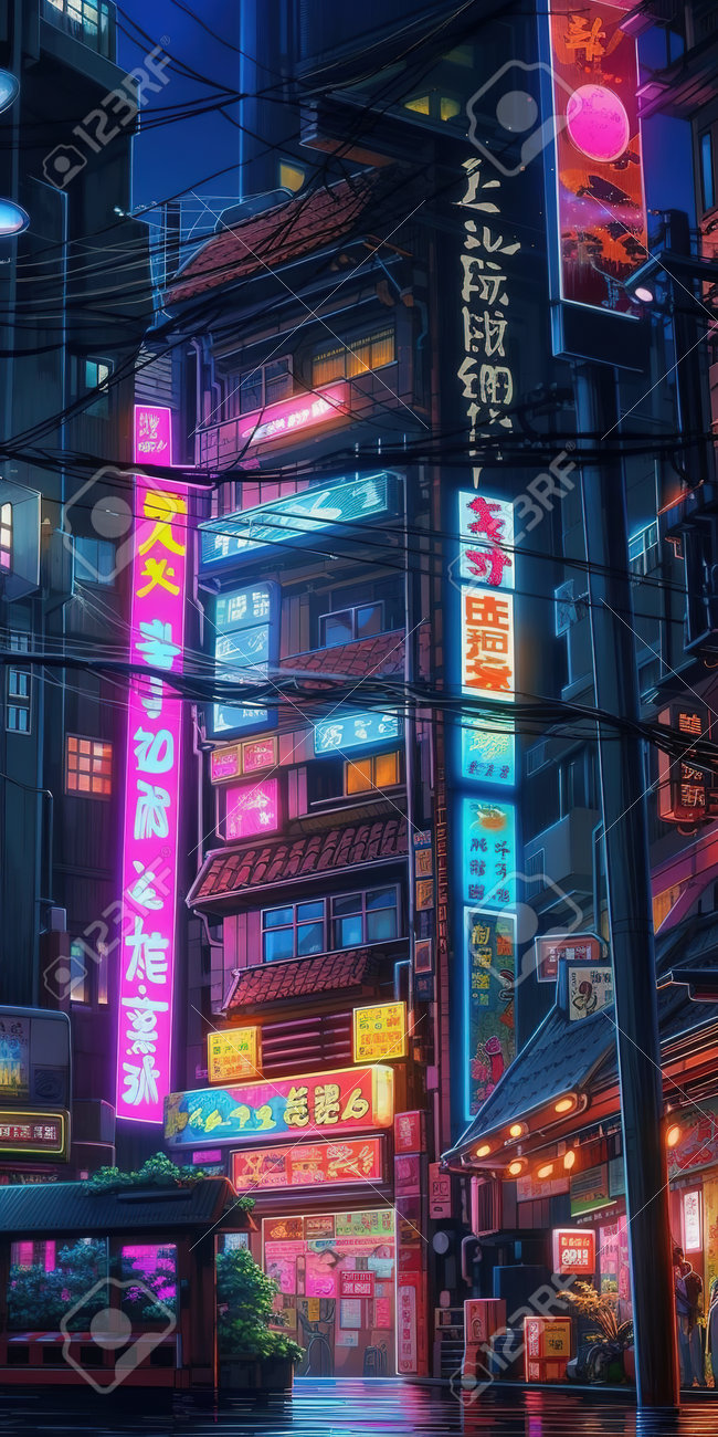 The neon-lit streets of a cyberpunk anime night city with this