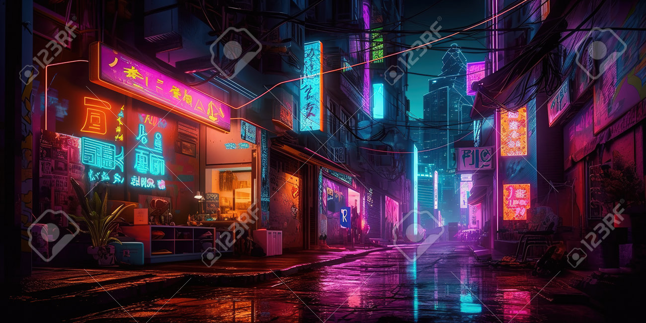Generative AI, Night scene of after rain city in cyberpunk style, futuristic nostalgic 80s, 90s. Neon lights vibrant colors, photorealistic vertical illustration. 28891087 Stock Photo at Vecteezy