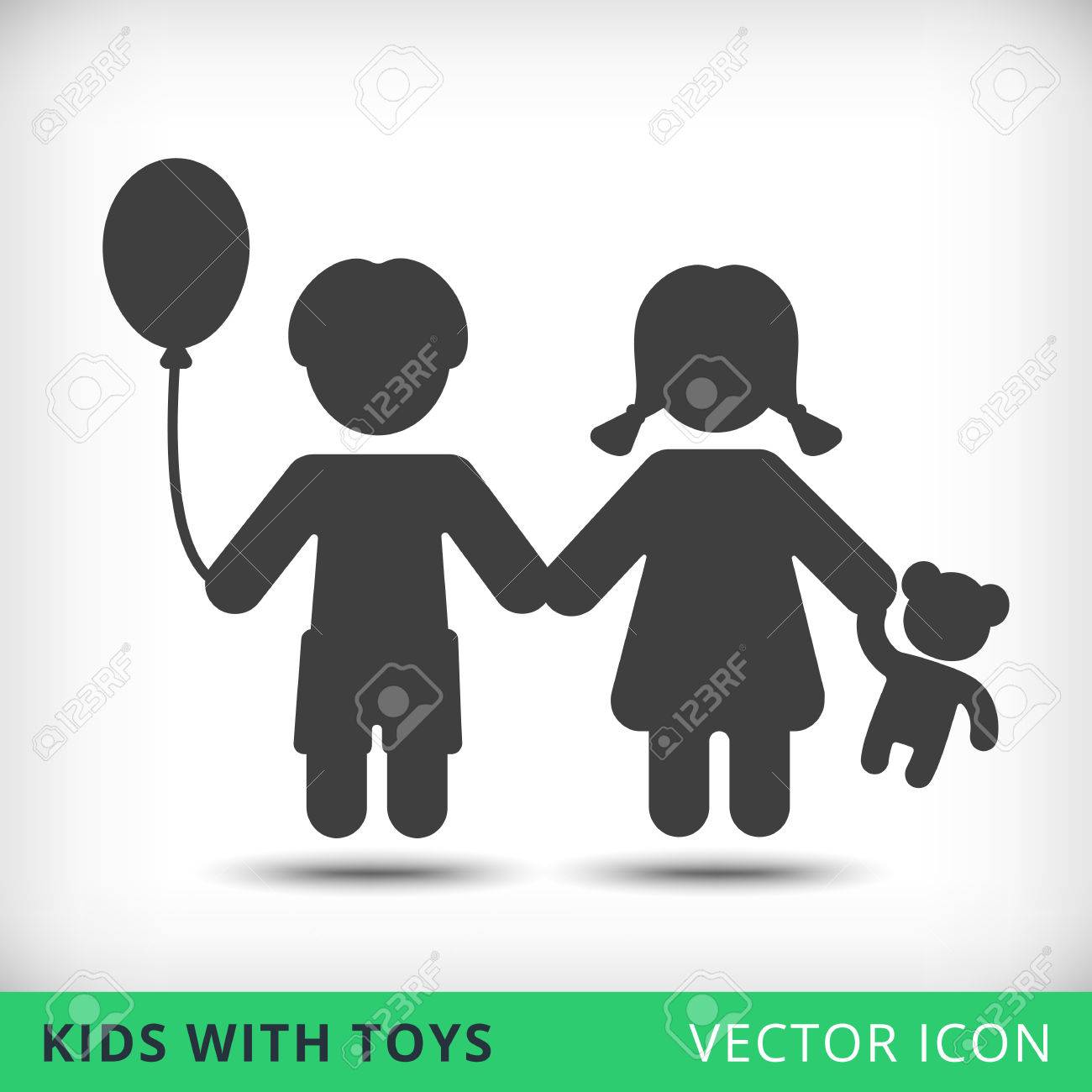 幸せな男の子と女の子ライン シルエット バルーンとテディベア グッズ手に単純なベクトル アイコン のイラスト素材 ベクタ Image