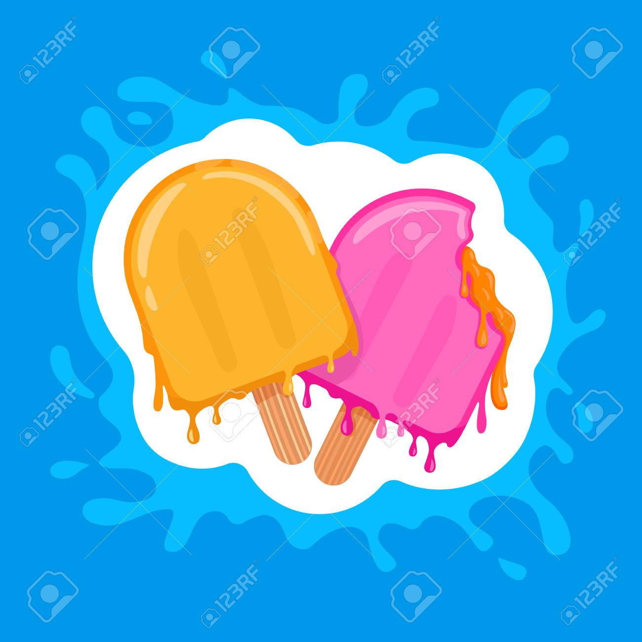 ペア アイスキャンディー アイスクリームはベクトル ブルーのスプラッシュの背景のイラストです 暑い夏のシンボル 噛まドロップしずくとエスキモー アイス クリームのフラット アイコン のイラスト素材 ベクタ Image