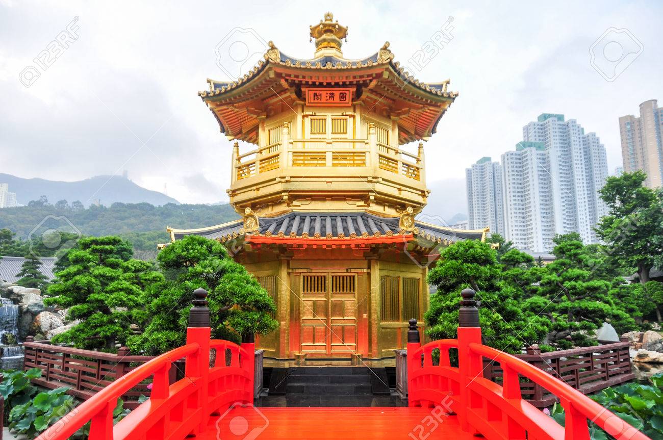 stock photo the golden pavilion and red bridge in the nan lian garden near the chi lin nunnery a famous landmark in hong kong - Nan Lian Garden stock photo the golden pavilion and red bridge in the nan lian garden near the chi lin nunnery a famous landmark in hong kong - Nan Lian Garden