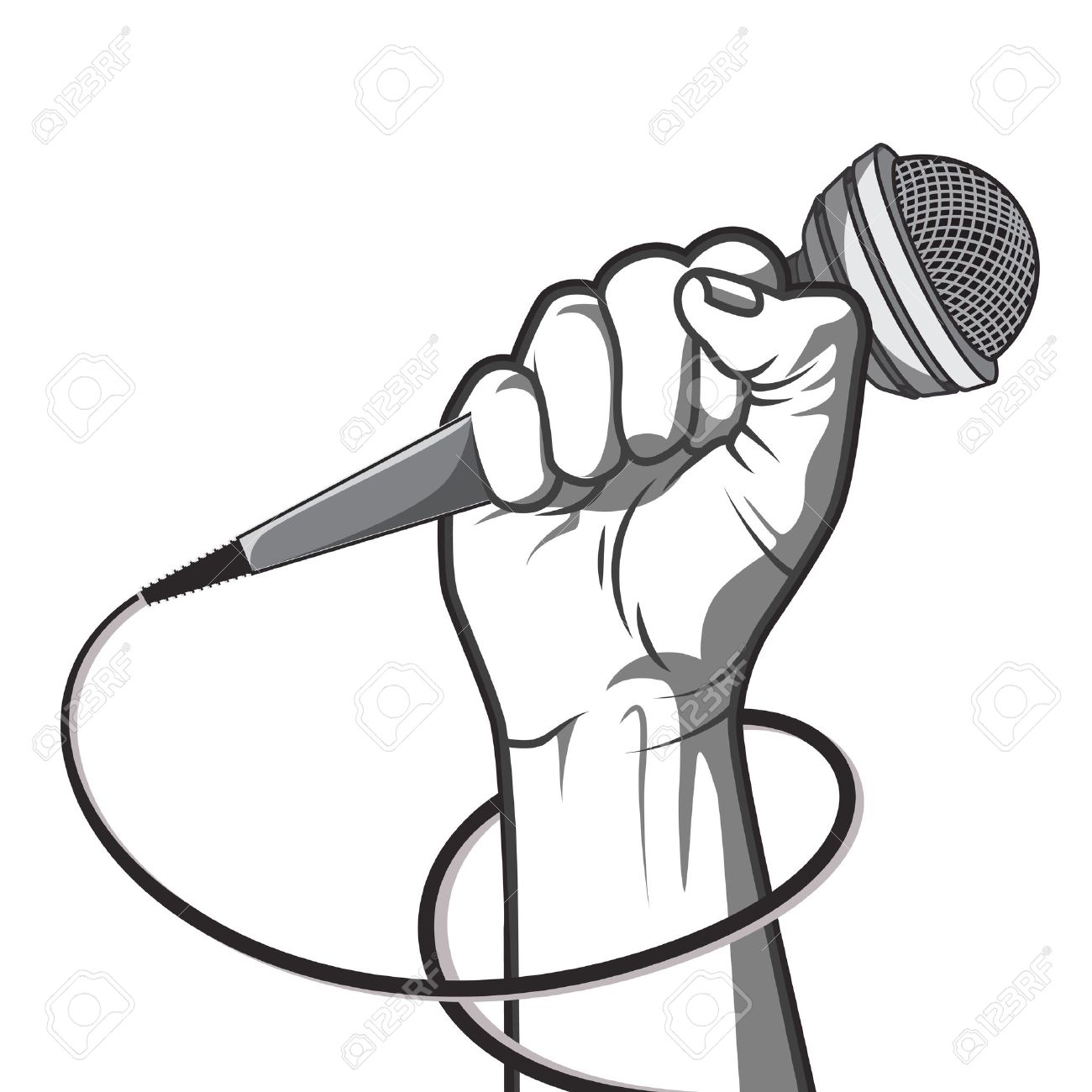 hand holding a microphone in a fist. illustration in black and white style. - 54582148 hand holding a microphone in a fist. illustration in black and white style. - 54582148