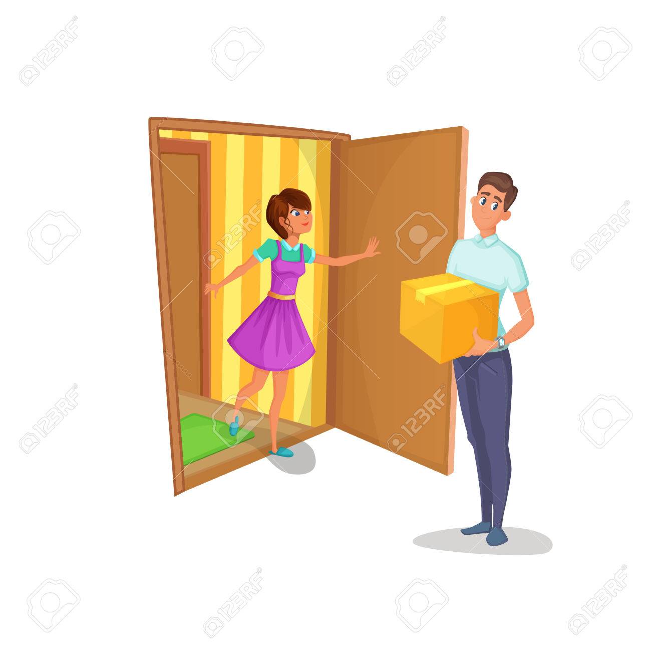 Courier Brought Package To Women At Home Housewife Open The Door Of Apartment And Meets Deliveryman Royalty Free Cliparts Vectors And Stock Illustration Image